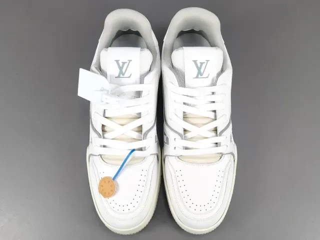 Louis Vuitton LV Trainer White Gray Structured Leather Upper Asymmetrical Strap Detail Lifestyle Sneakers 18