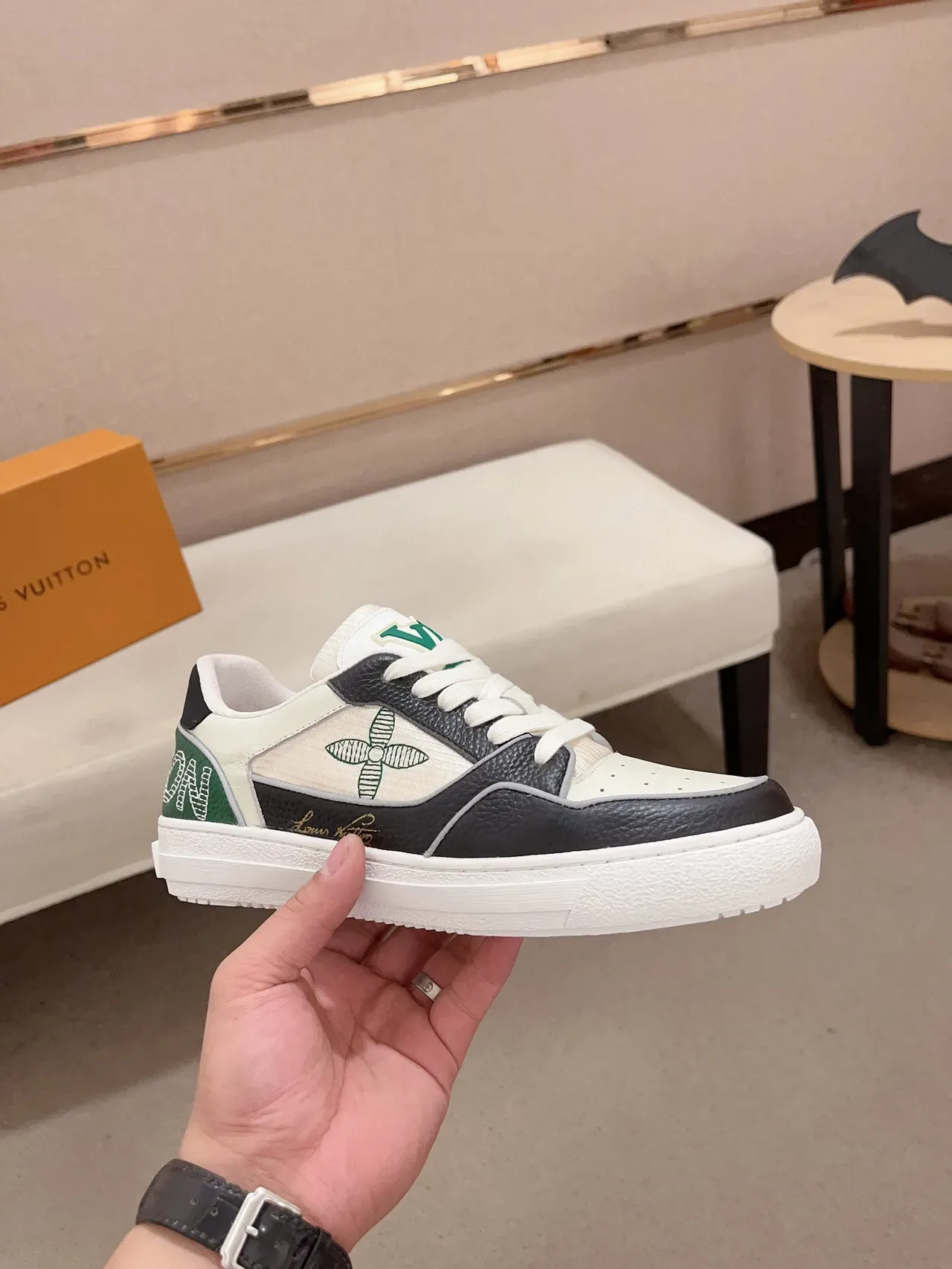 Louis Vuitton LV Trainer White Green Layered Leather And Textile Upper Perforated Toe Cap Lifestyle Sneakers 4