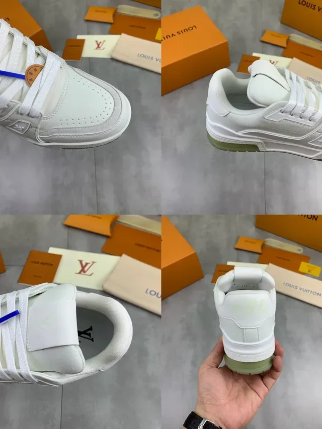 Louis Vuitton LV Trainer White Green Layered Leather Construction Geometric Side Panel Lifestyle Sneakers 2
