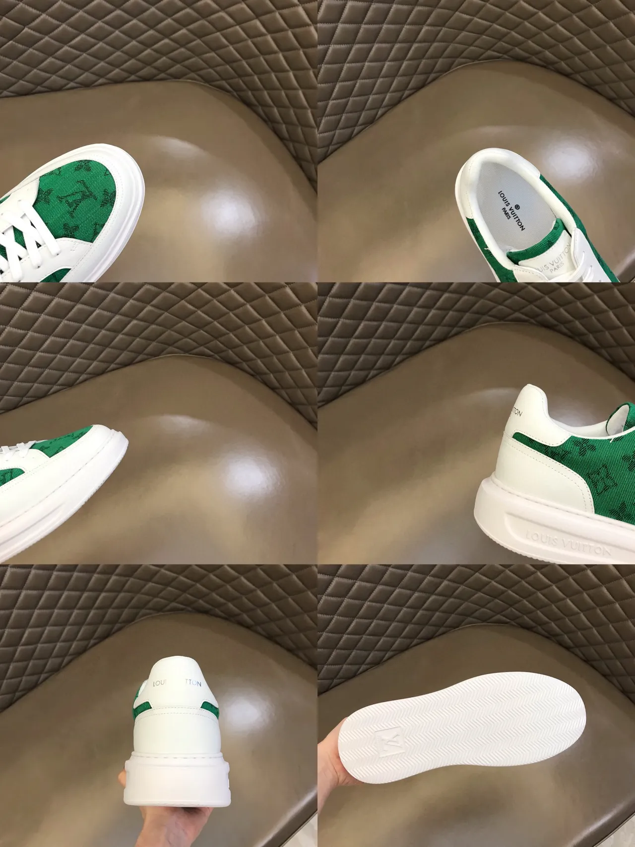 Louis Vuitton LV Trainer White Green Low-Top Monogrammed Textile Panel Lifestyle Sneakers 3