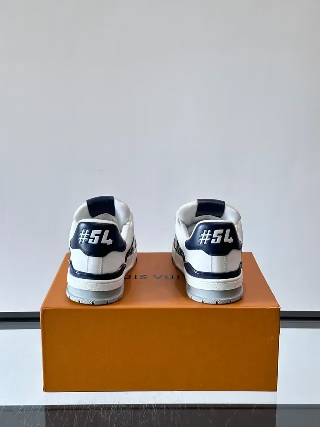 Louis Vuitton LV Trainer White Navy Checkerboard Denim Panels Monogrammed Strap Lifestyle Sneakers 3
