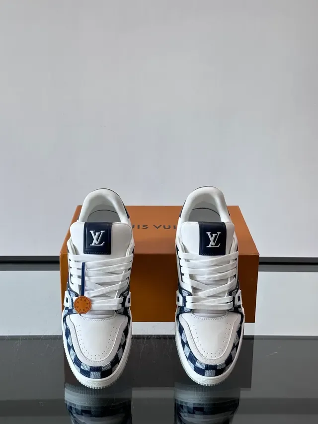 Louis Vuitton LV Trainer White Navy Checkerboard Denim Panels Monogrammed Strap Lifestyle Sneakers 4