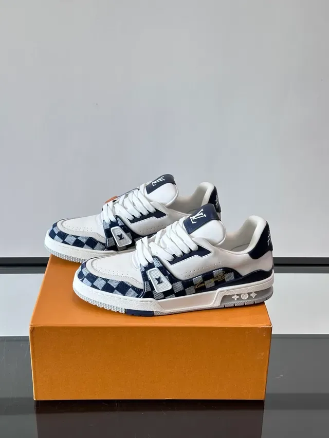 Louis Vuitton LV Trainer White Navy Checkerboard Denim Panels Monogrammed Strap Lifestyle Sneakers 5
