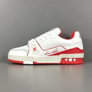 Louis Vuitton LV Trainer Blancos y Rojos con Cuero Superior Costuras y Acentos Contrastantes Lifestyle Sneakers