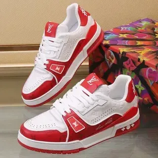 Louis Vuitton LV Trainer Blancos y Rojos Con Impresión Monogram Cuero Color Blocking Lifestyle Sneakers
