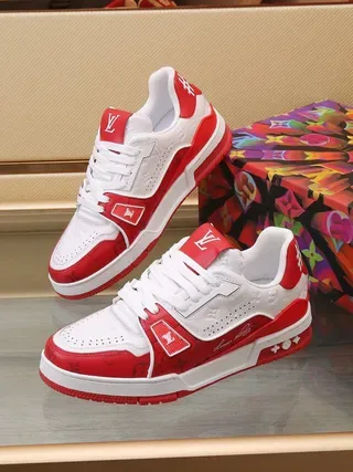 Louis Vuitton LV Trainer White Red Monogram-Print Leather Color Blocking Lifestyle Sneakers 1