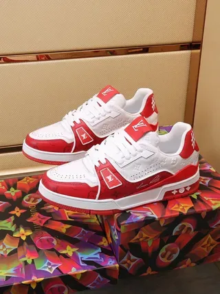 Louis Vuitton LV Trainer White Red Monogram-Print Leather Color Blocking Lifestyle Sneakers 2