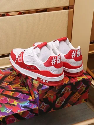 Louis Vuitton LV Trainer White Red Monogram-Print Leather Color Blocking Lifestyle Sneakers 4