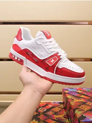 Louis Vuitton LV Trainer White Red Monogram-Print Leather Color Blocking Lifestyle Sneakers 5