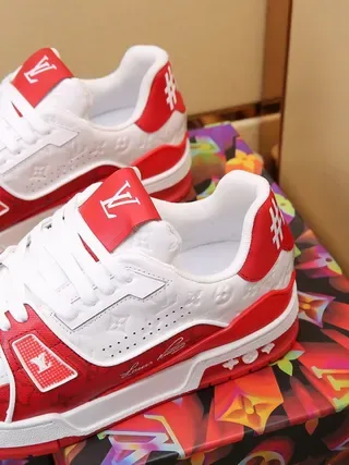 Louis Vuitton LV Trainer White Red Monogram-Print Leather Color Blocking Lifestyle Sneakers 7