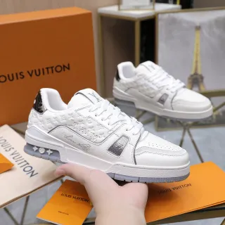 Louis Vuitton LV Trainer White Silver Monogram-Embossed Leather Layered Midsole Lifestyle Sneakers