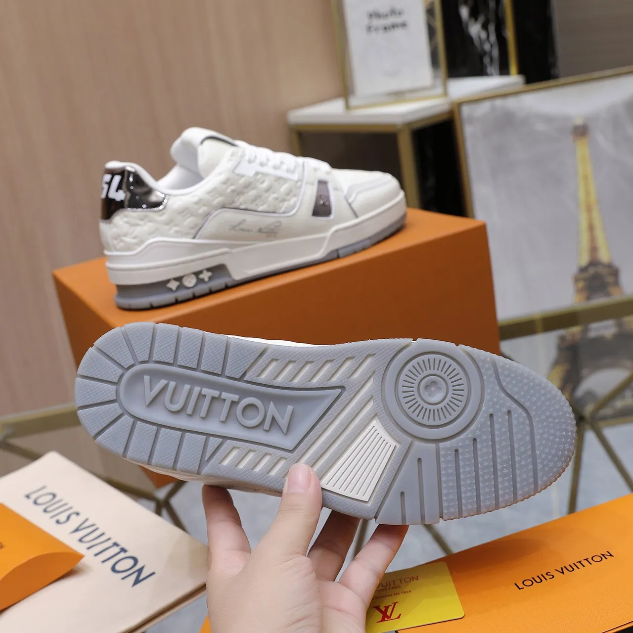 Louis Vuitton LV Trainer White Silver Monogram-Embossed Leather Layered Midsole Lifestyle Sneakers 4