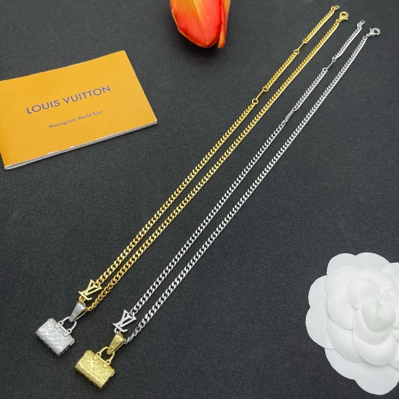Louis Vuitton Monogram Bag Pendant Gold Curb Chain Necklace 2
