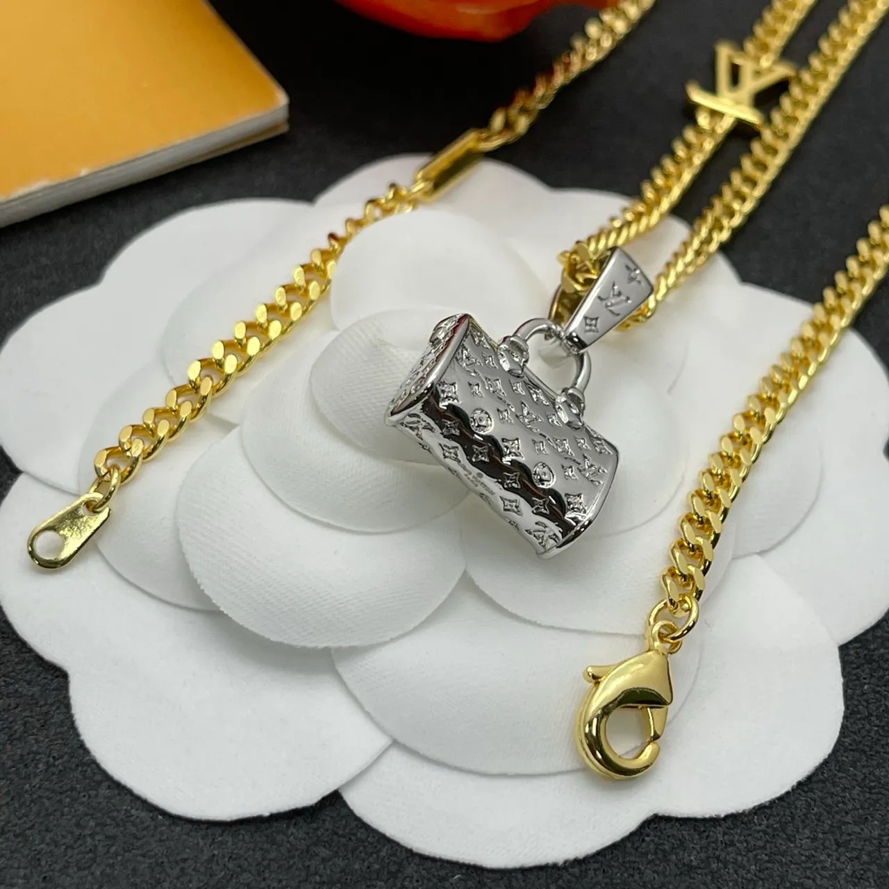 Louis Vuitton Monogram Bag Pendant Gold Curb Chain Necklace 4