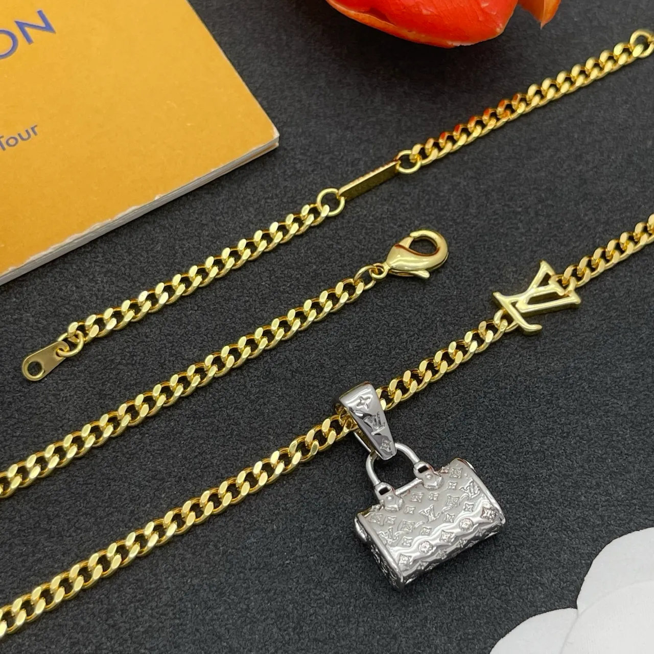Louis Vuitton Monogram Bag Pendant Gold Curb Chain Necklace 5