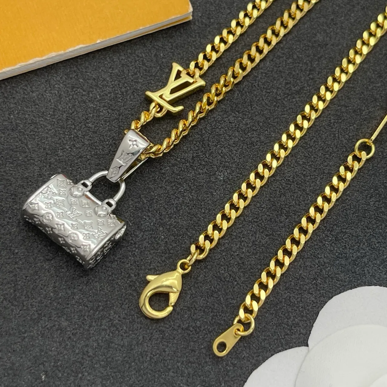 Louis Vuitton Monogram Bag Pendant Gold Curb Chain Necklace 6