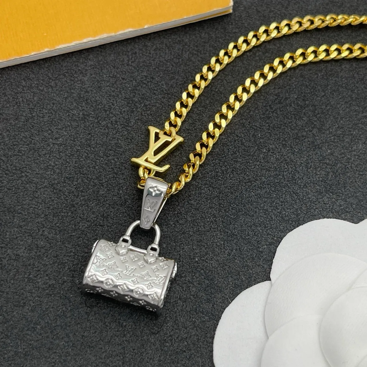 Louis Vuitton Monogram Bag Pendant Gold Curb Chain Necklace 7