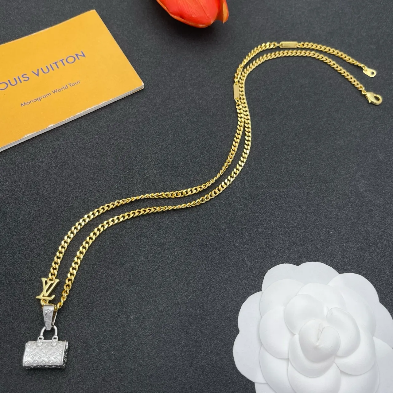 Louis Vuitton Monogram Bag Pendant Gold Curb Chain Necklace 8