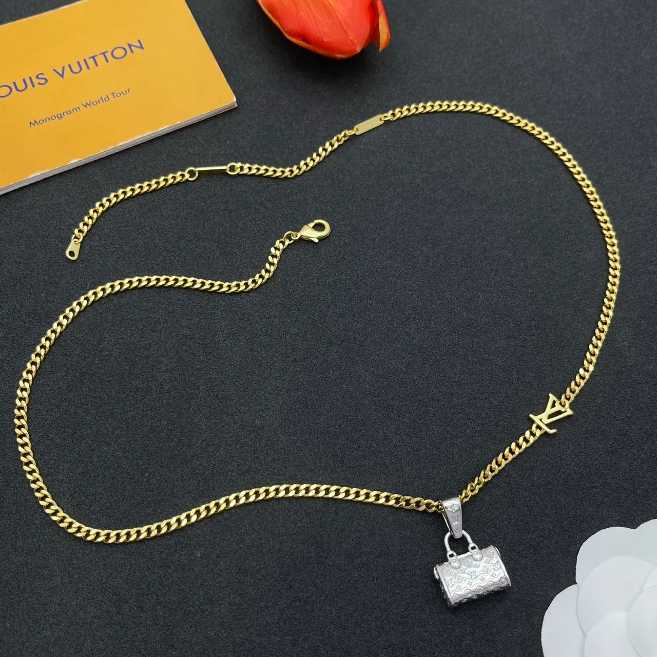 Louis Vuitton Monogram Bag Pendant Gold Curb Chain Necklace 9