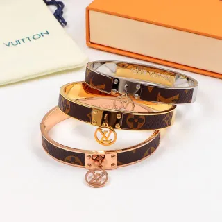 Louis Vuitton Monograma Pulsera Marrón Dorado con Bisagra de Cuero