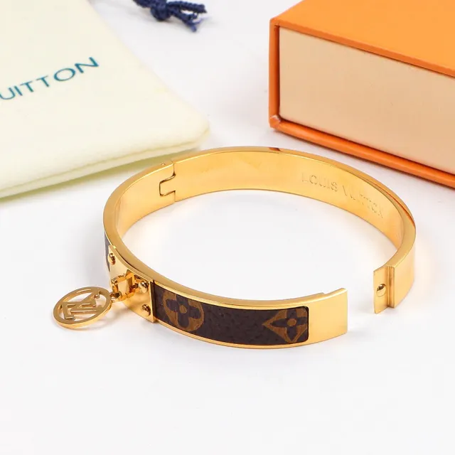Louis Vuitton Monogram Bangle Brown Gold Hinged Leather Bracelet 2