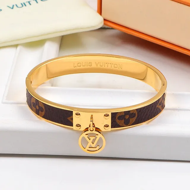 Louis Vuitton Monogram Bangle Brown Gold Hinged Leather Bracelet 3
