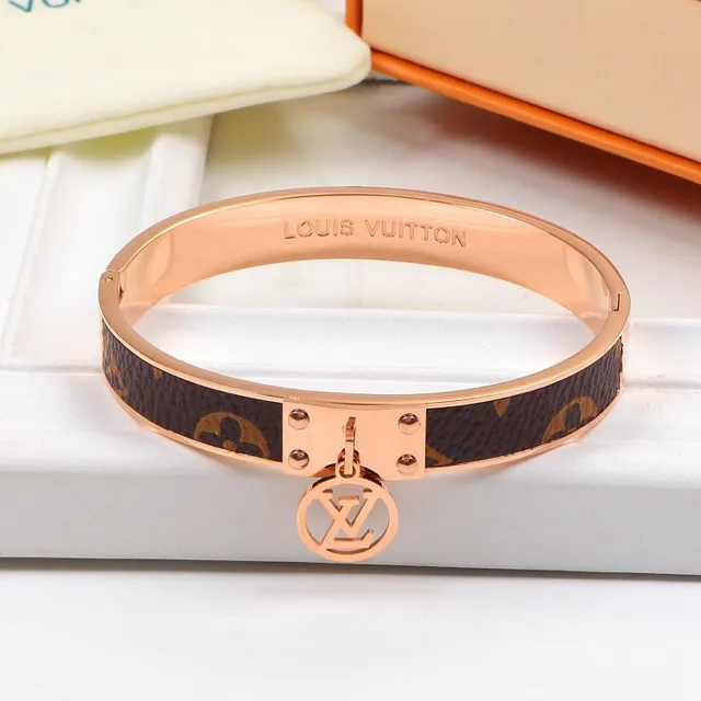 Louis Vuitton Monogram Bangle Brown Gold Hinged Leather Bracelet 4