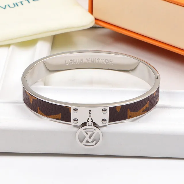Louis Vuitton Monogram Bangle Brown Gold Hinged Leather Bracelet 6