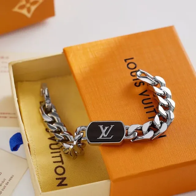 Louis Vuitton Monogram Chain Silver Brown Chunky Curb Plaque Bracelet 2