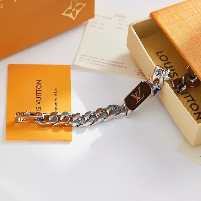 Louis Vuitton Monogram Chain Silver Brown Chunky Curb Plaque Bracelet 3
