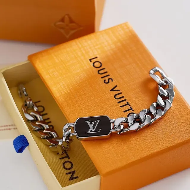 Louis Vuitton Monogram Chain Silver Brown Chunky Curb Plaque Bracelet 4