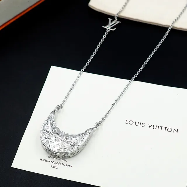 Louis Vuitton Monogram Crescent Pendant Silver Chain Necklace 5