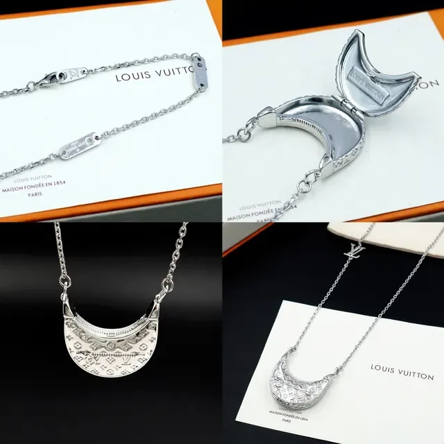 Louis Vuitton Monogram Crescent Pendant Silver Chain Necklace 9