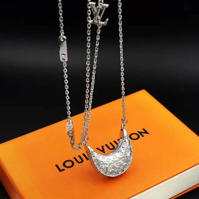 Louis Vuitton Monogram Crescent Pendant Silver Chain Necklace 10
