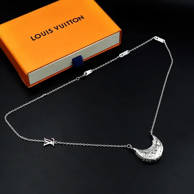 Louis Vuitton Monogram Crescent Pendant Silver Chain Necklace 11