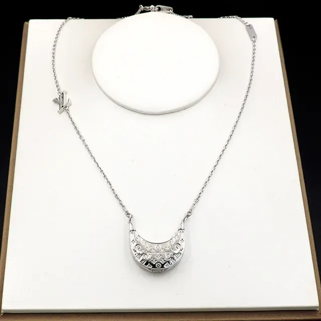 Louis Vuitton Monogram Crescent Pendant Silver Chain Necklace 12