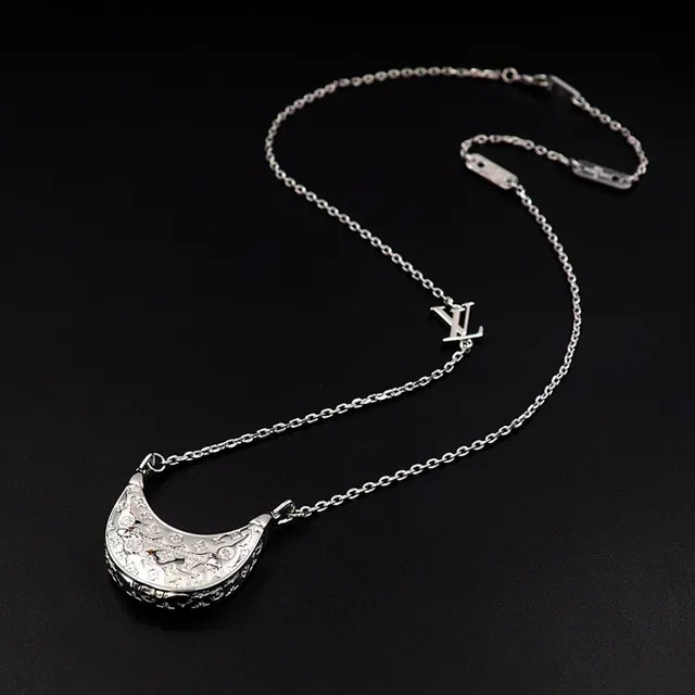 Louis Vuitton Monogram Crescent Pendant Silver Chain Necklace 13