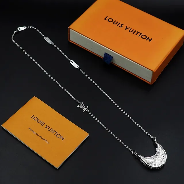 Louis Vuitton Monogram Crescent Pendant Silver Chain Necklace 14