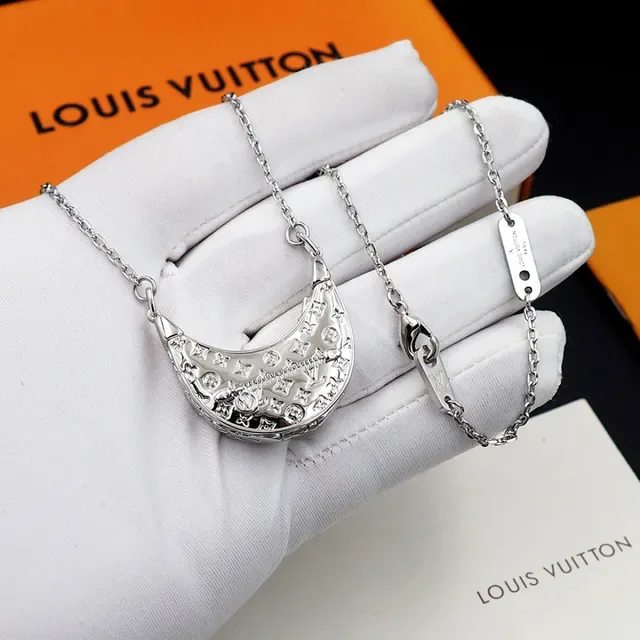 Louis Vuitton Monogram Crescent Pendant Silver Chain Necklace 15