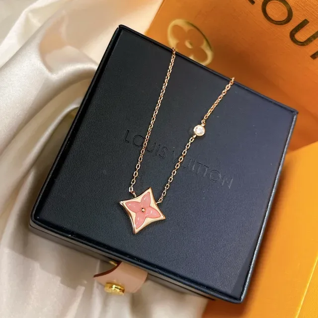 Louis Vuitton Monogram Flower and Lock Pink Gold Rose Chain Enamel Pendant Necklace 4