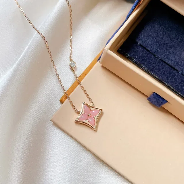 Louis Vuitton Monogram Flower and Lock Pink Gold Rose Chain Enamel Pendant Necklace 5