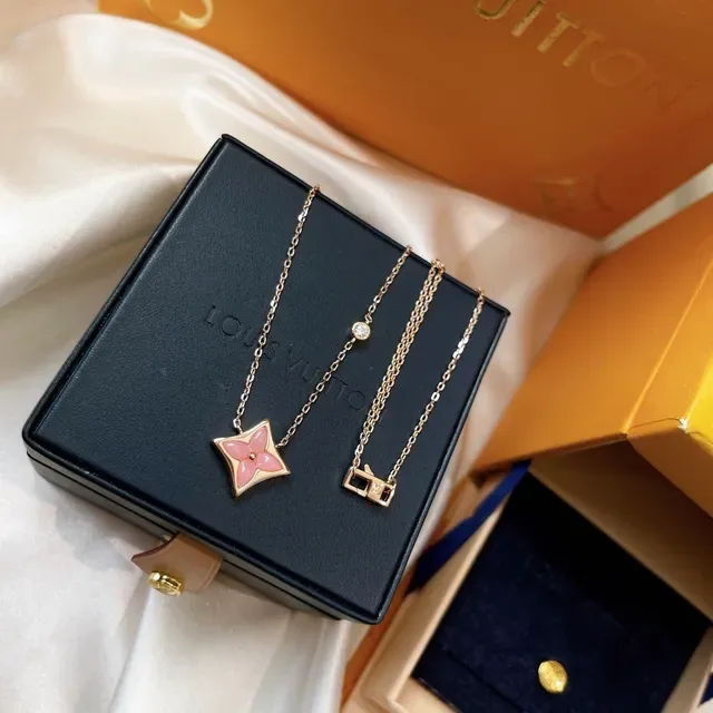 Louis Vuitton Monogram Flower and Lock Pink Gold Rose Chain Enamel Pendant Necklace 6