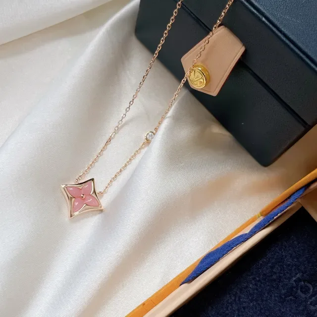 Louis Vuitton Monogram Flower and Lock Pink Gold Rose Chain Enamel Pendant Necklace 9