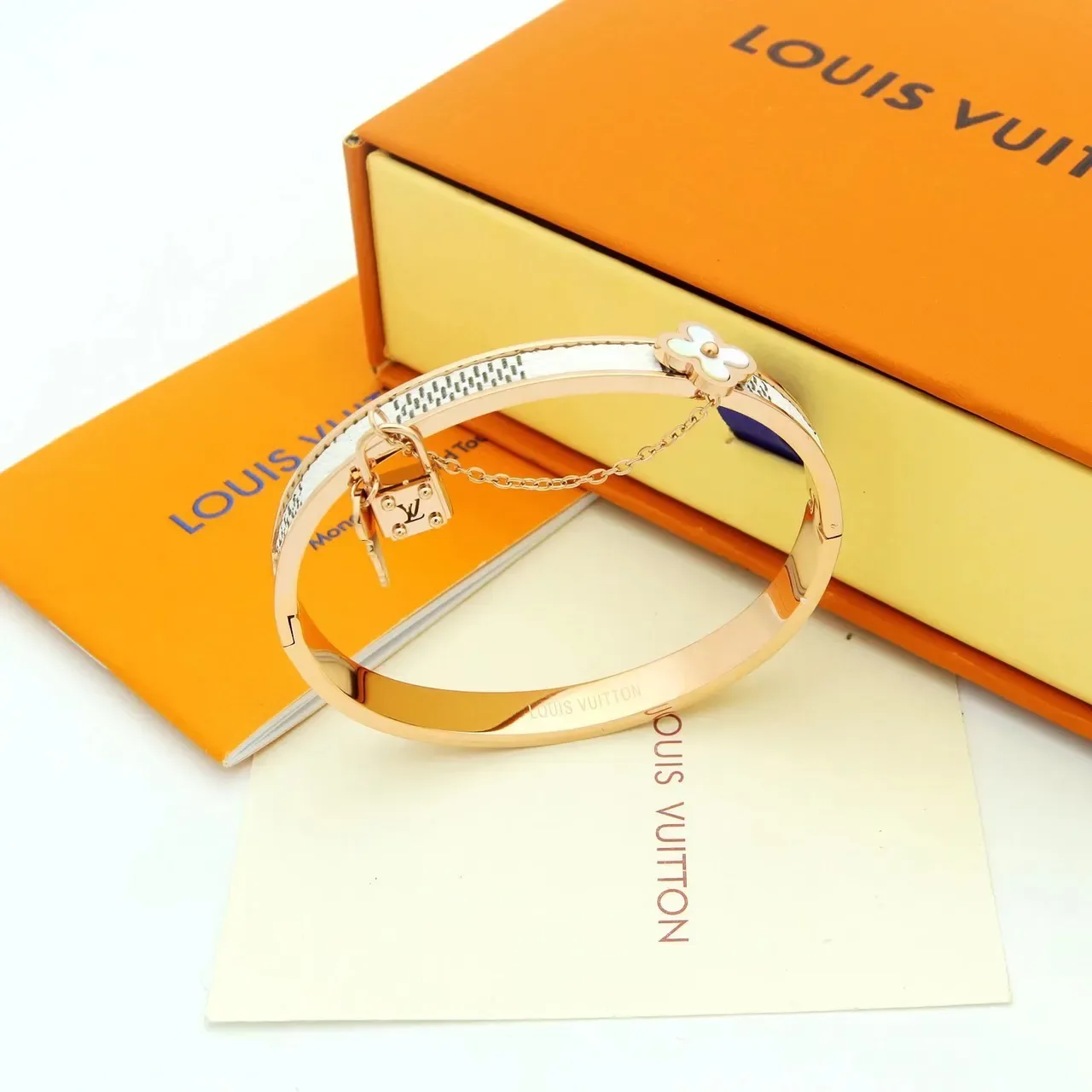 Louis Vuitton Monogram Flower Bangle Gold Brown Rigid Hinged Bangles Four-Petal Floral Motif Bracelet 3