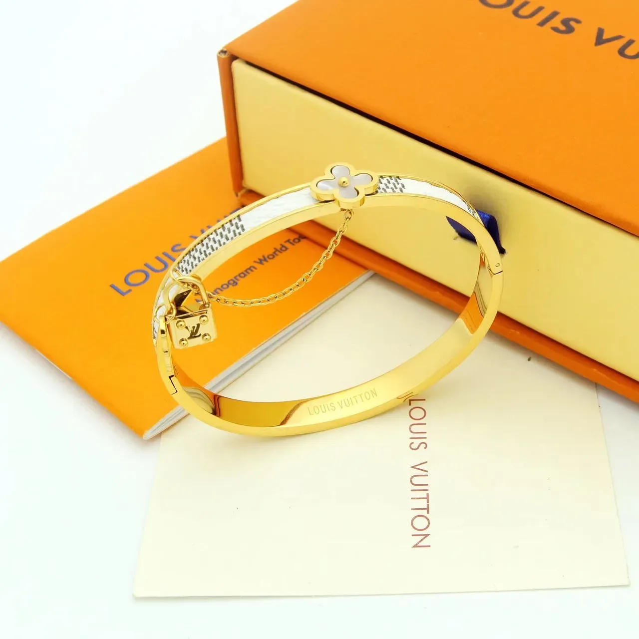Louis Vuitton Monogram Flower Bangle Gold Brown Rigid Hinged Bangles Four-Petal Floral Motif Bracelet 5