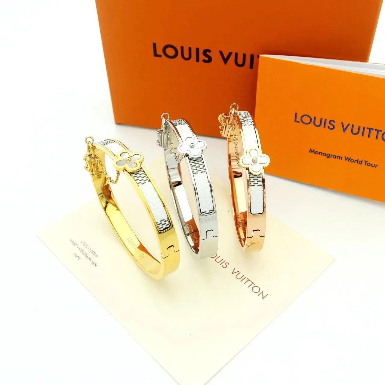 Louis Vuitton Monogram Flower Bangle Gold Brown Rigid Hinged Bangles Four-Petal Floral Motif Bracelet 6