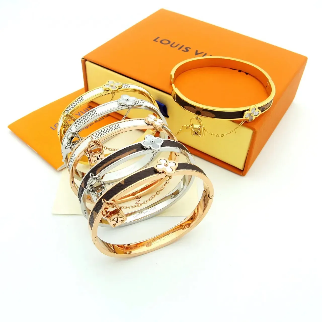 Louis Vuitton Monogram Flower Bangle Gold Brown Rigid Hinged Bangles Four-Petal Floral Motif Bracelet 8