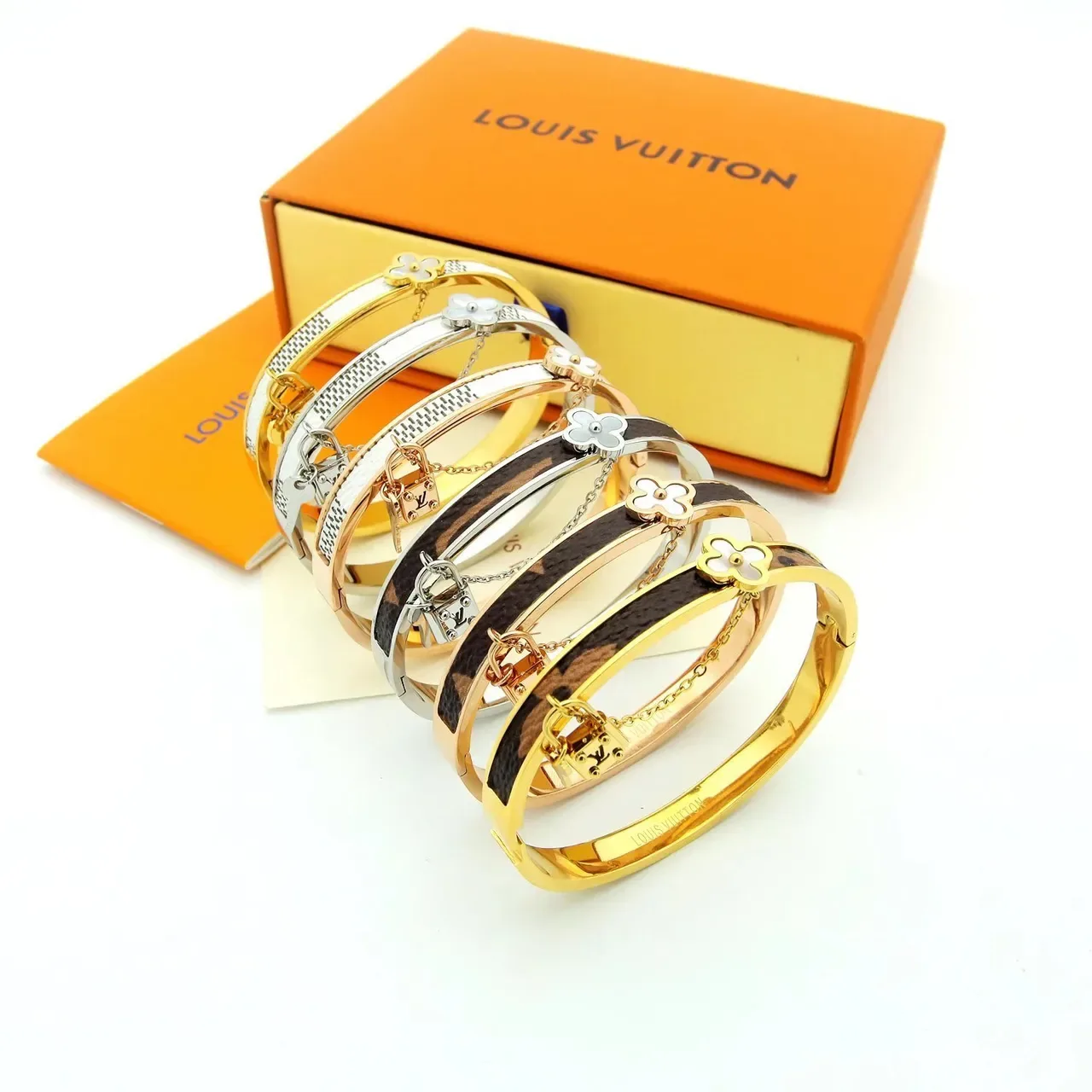 Louis Vuitton Monogram Flower Bangle Gold Brown Rigid Hinged Bangles Four-Petal Floral Motif Bracelet 9