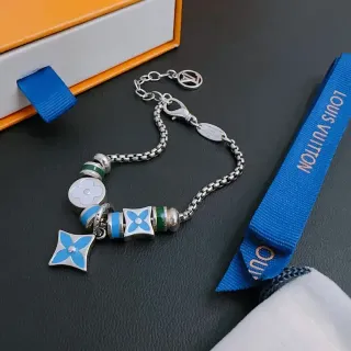 लुई विट्टोन Monogram फ्लावर चार्म ब्रेसलेट चांदी नीली बॉक्स चेन एनामेल फ्लोरल चार्म्स ब्रेसलेट