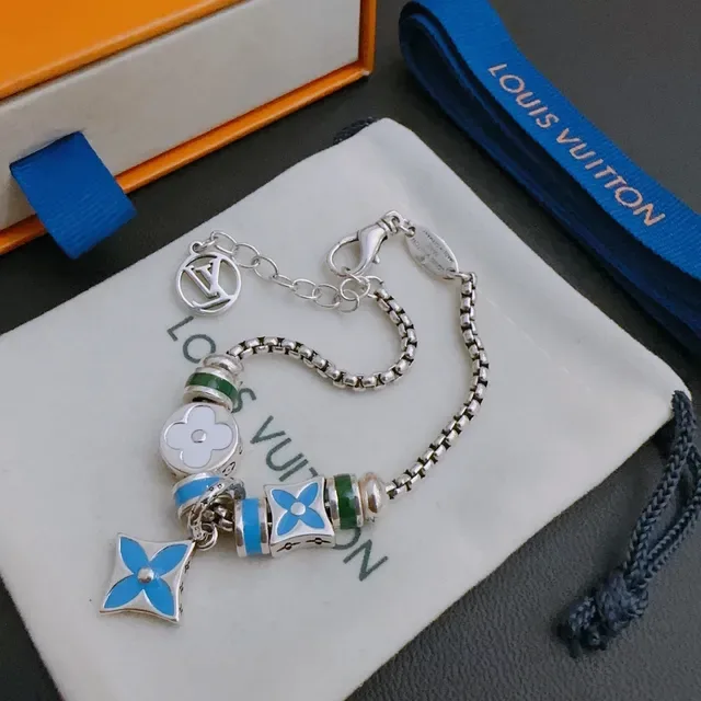 Louis Vuitton Monogram Bracelet Charme Fleur Argent Boîte Bleue Chaîne Émail Charms Floraux 8